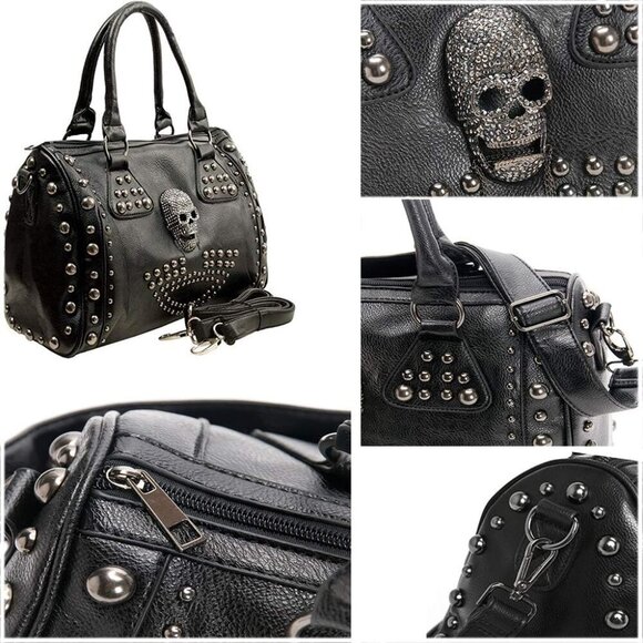 Women Skull Handbag Large Capacity Gothic Shoulder Bag Studded Doctor Handbag - Picture 3 of 12